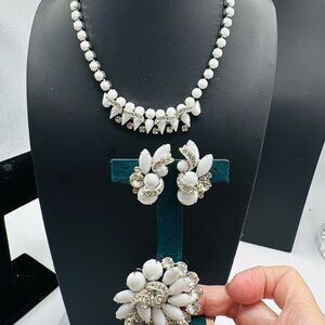Eisenberg Demi Parure Milk Glass & Rhinestone necklace, brooch & earring set